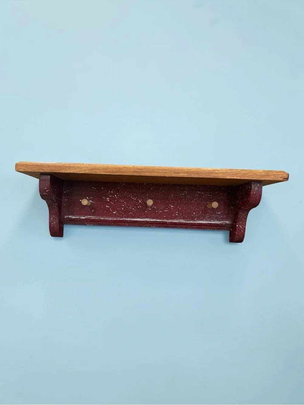Red & White Rustic Wood Wall Shelf w/Pegs 17.5 inch Trinket Display Coat Rack